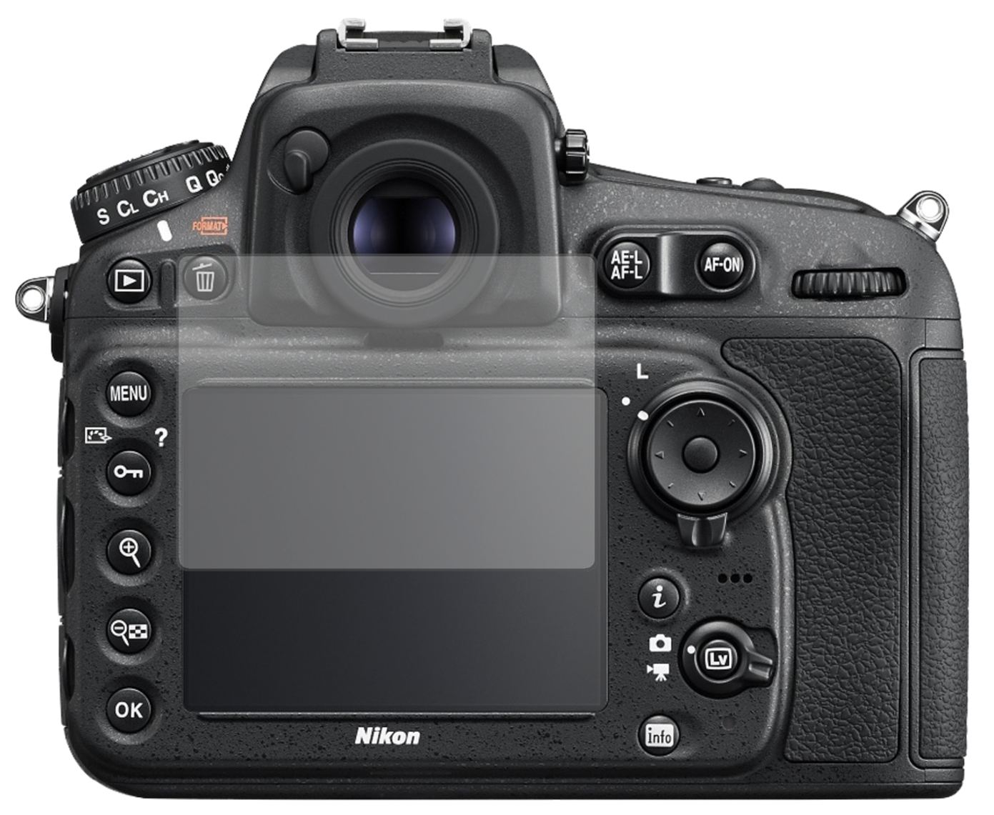 NikonD810A mit aufgebrachter dipos Displayschutzfolie, die lästige Fingerabdrücke minimiert