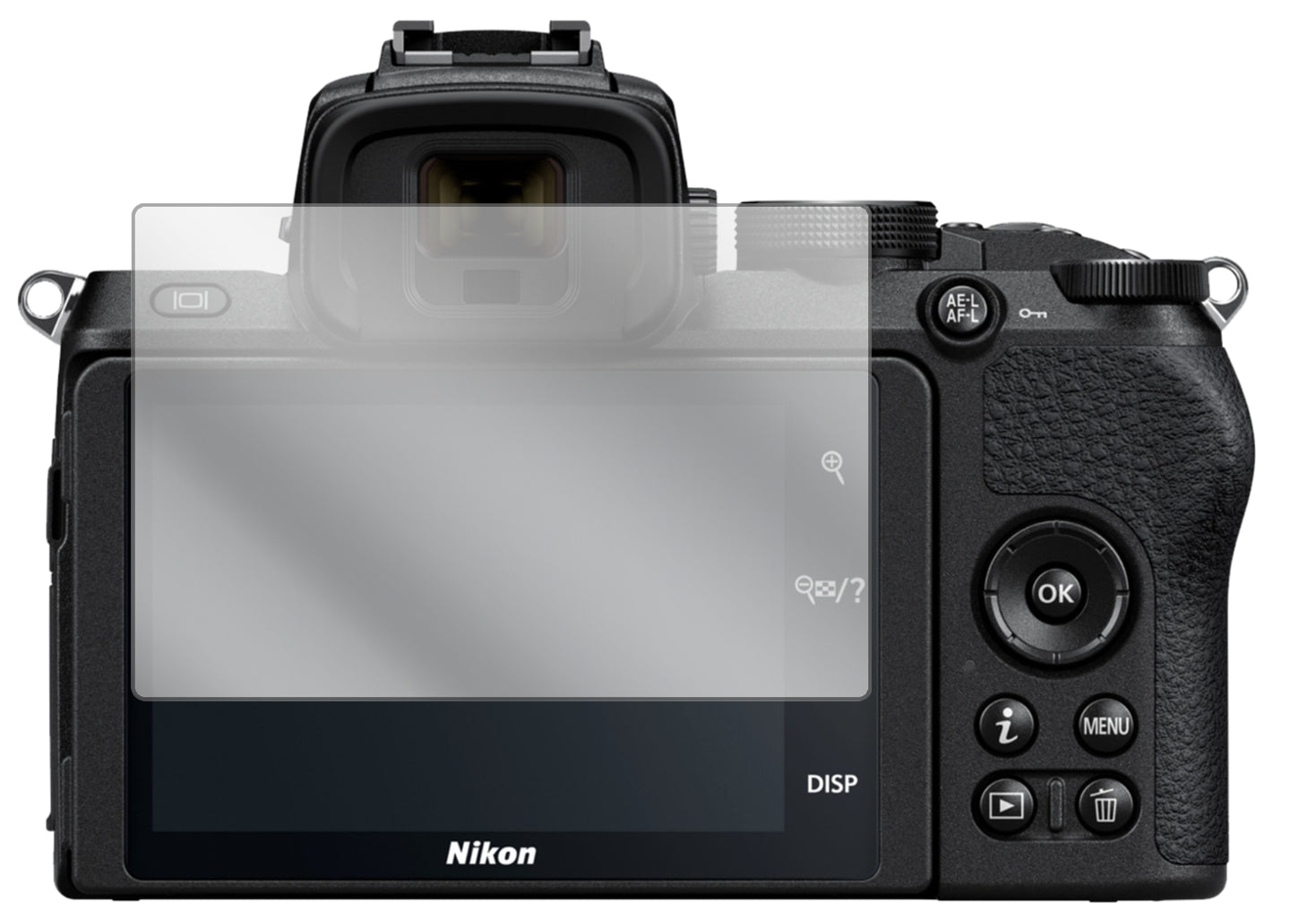 NikonZ50 mit aufgebrachter dipos Displayschutzfolie, glasklare Darstellung ohne Einschränkungen