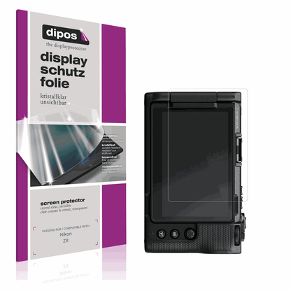 Klare Displayschutzfolie von dipos passend für Nikon ZR, präziser Zuschnitt und blasenfrei montiert