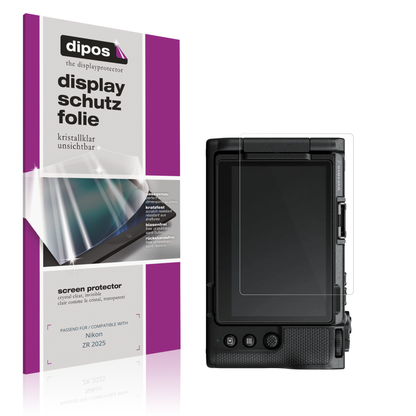 Klare Displayschutzfolie von dipos passend für Nikon ZR 2025, präziser Zuschnitt und blasenfrei montiert