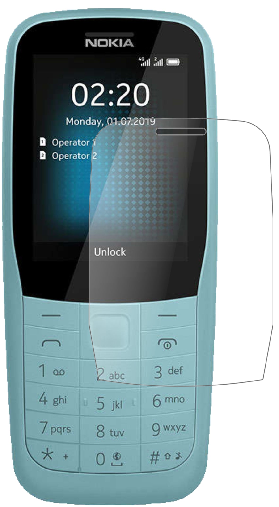 Nokia220 4G mit aufgebrachter dipos Panzerfolie, die lästige Fingerabdrücke minimiert