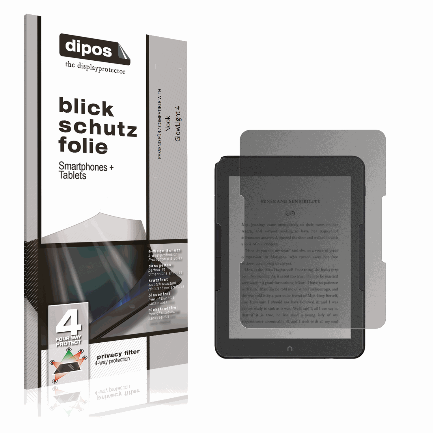 Blickschutzfolie von dipos passend für Nook GlowLight 4, präziser Zuschnitt und blasenfrei montiert