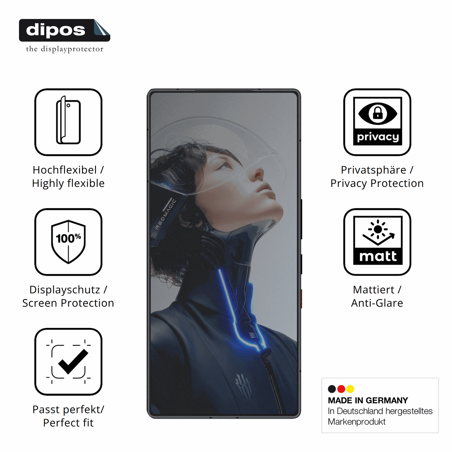 Flexible TPU-Folie passend zugeschnitten für nubiared magic 11 pro, mit Privatsphäre-Schutz durch Sichtschutz-Folie