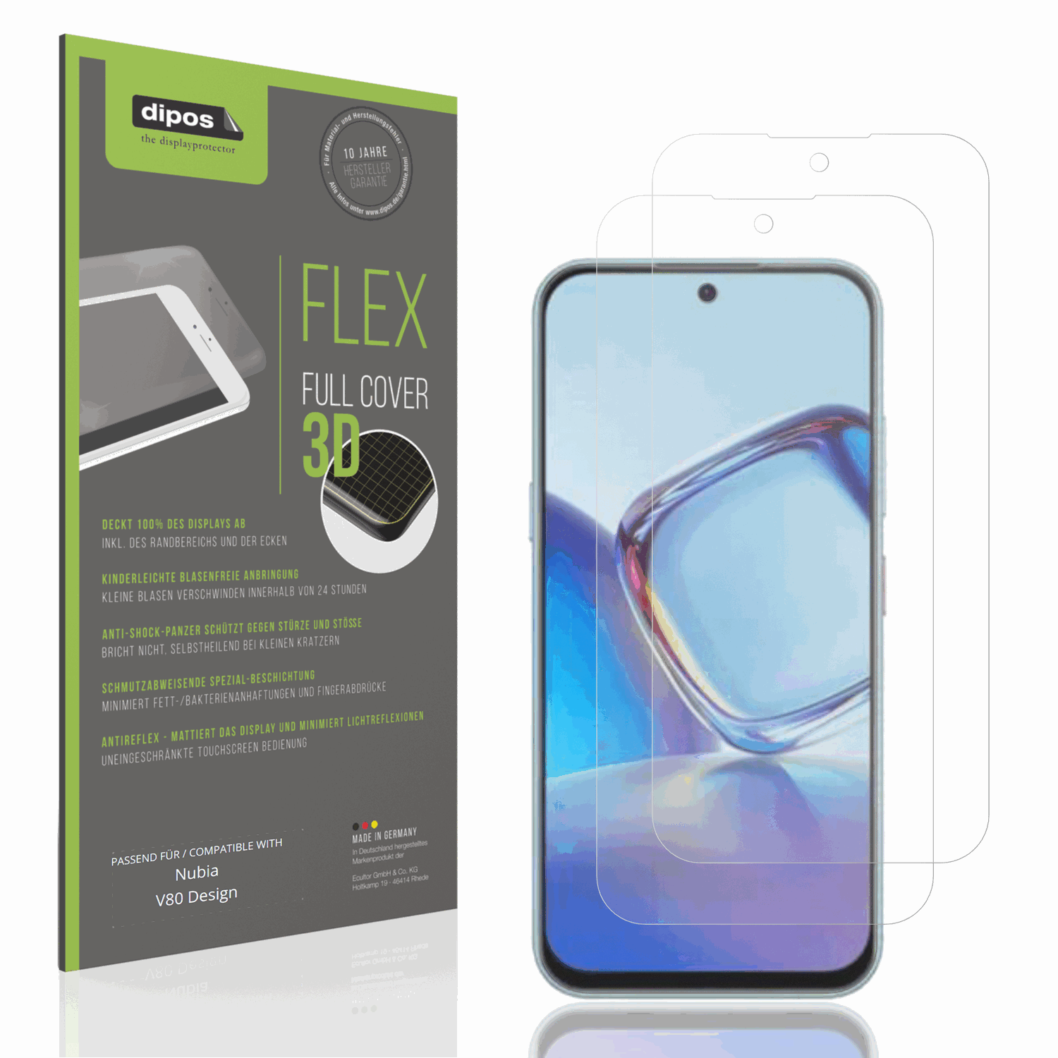 Matte Displayschutzfolie von dipos passend für nubiav80 design, 100% Displayabdeckung und blasenfreie Montage