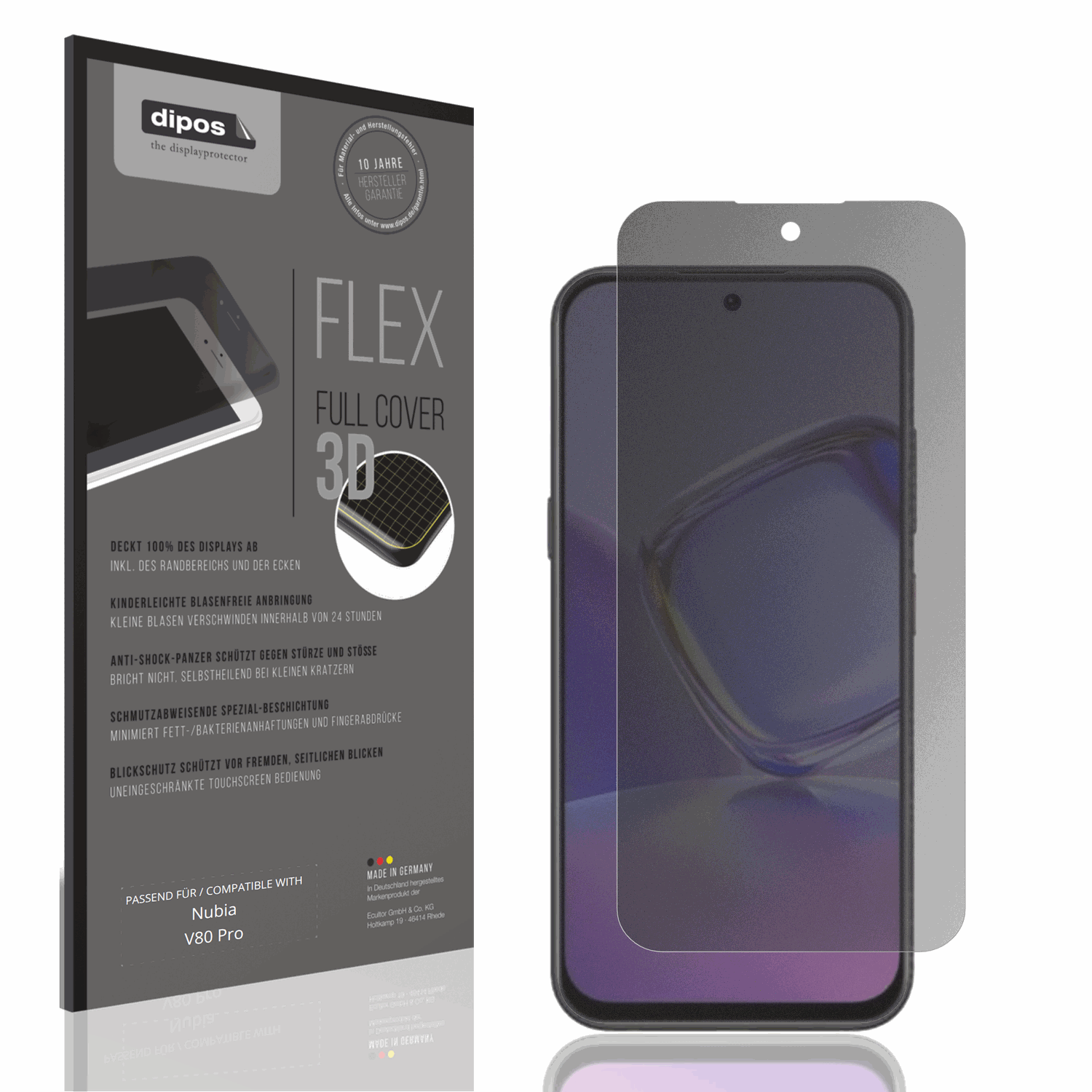 Blickschutzfolie von dipos passend für Nubia V80 Pro, 100% Displayabdeckung und blasenfreie Montage