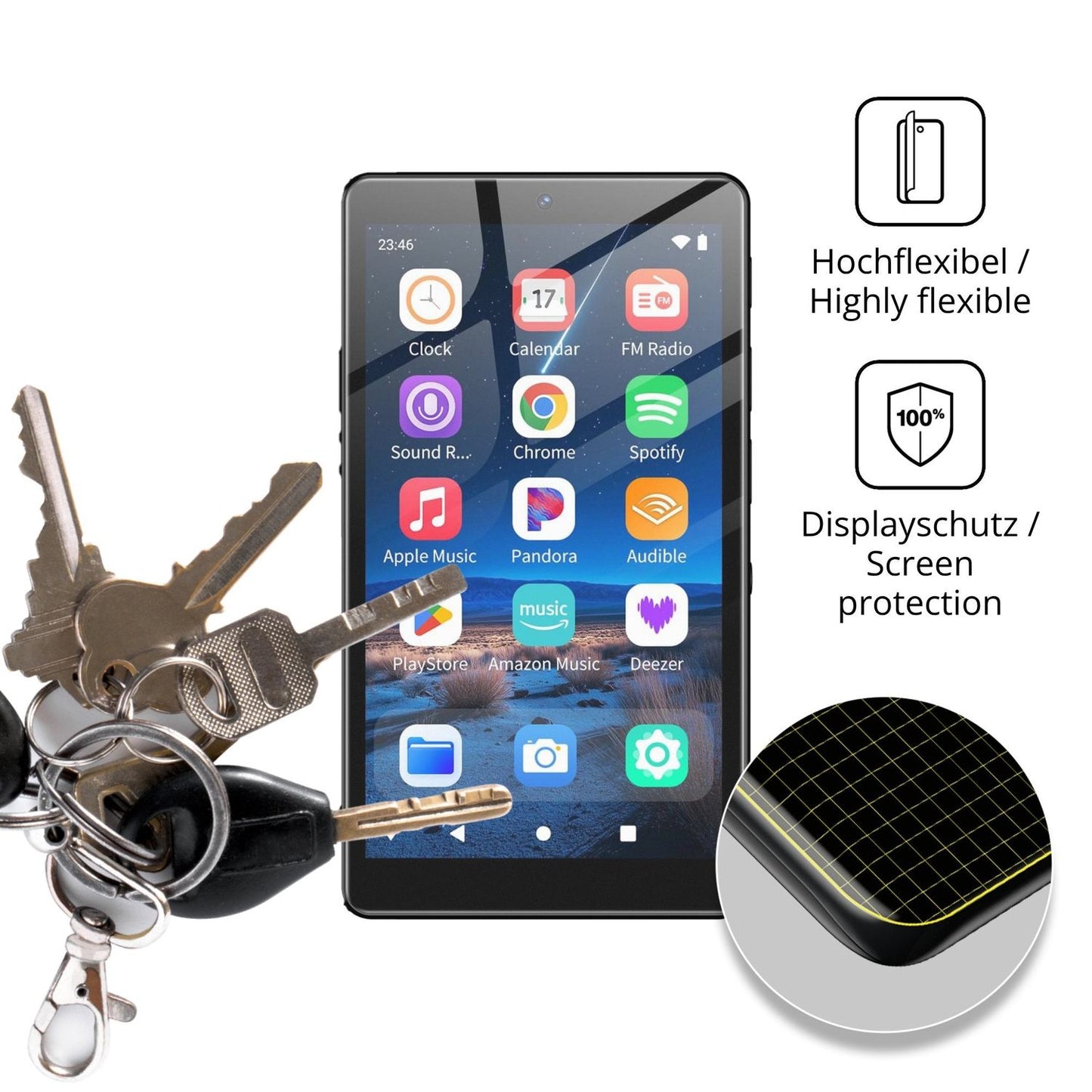 dipos Displayschutz für Oilsky M305 MP3-Player, transparente Oberfläche, perfekte Passform auch für die Rundungen