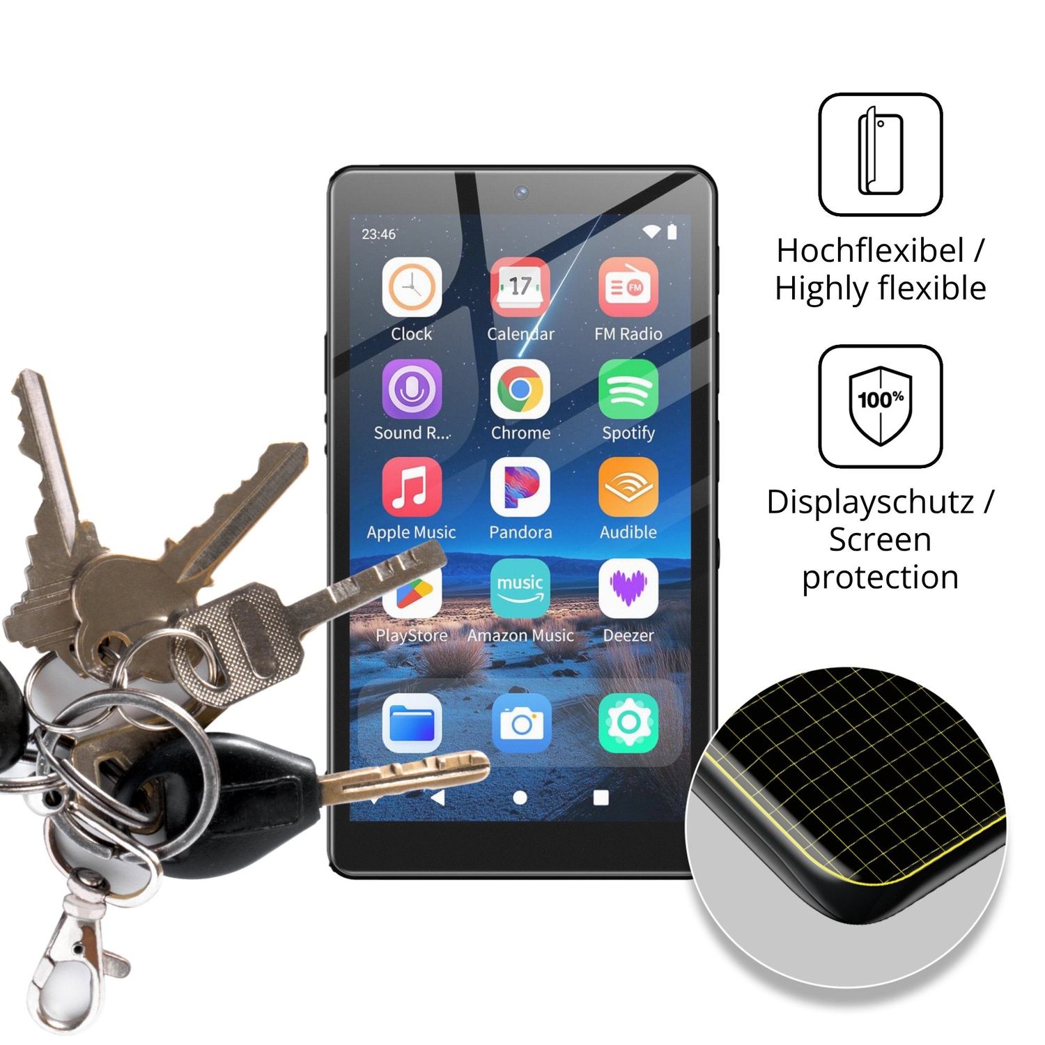 dipos Displayschutz für Oilsky M305 MP3-Player, transparente Oberfläche, perfekte Passform auch für die Rundungen