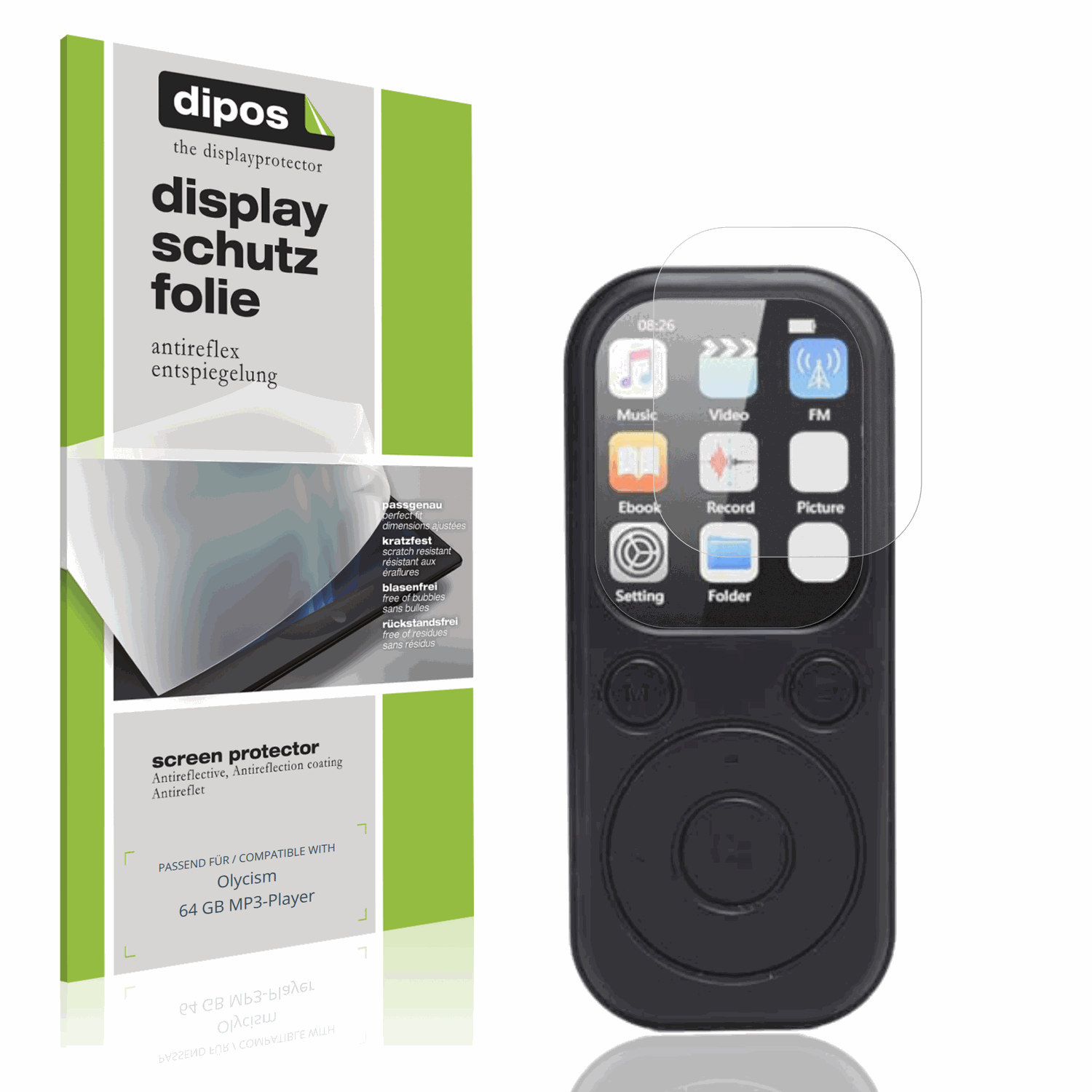 Matte Displayschutzfolie von dipos passend für Olycism 64 GB MP3-Player, präziser Zuschnitt und blasenfrei montiert