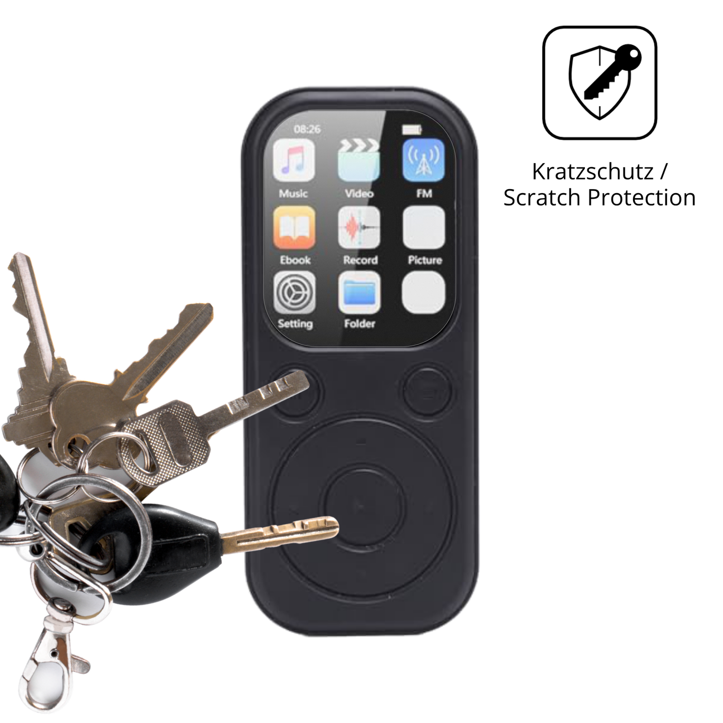 Schutz gegen Kratzer auf dem Olycism 64 GB MP3-Player Glas durch Schlüssel oder Ähnliches
