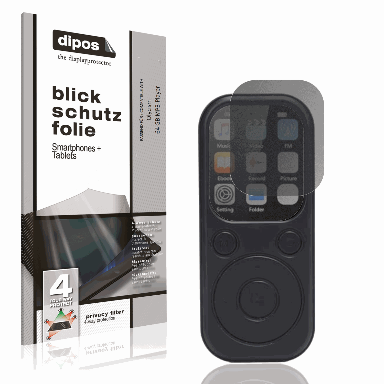 Blickschutzfolie von dipos passend für Olycism 64 GB MP3-Player, präziser Zuschnitt und blasenfrei montiert