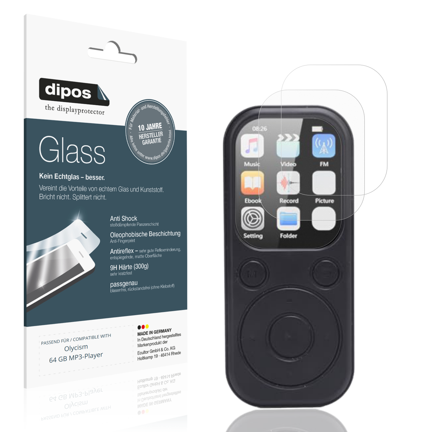 Matte Displayschutzfolie von dipos passend für Olycism 64 GB MP3-Player, 9H kratzfest und blasenfrei montiert