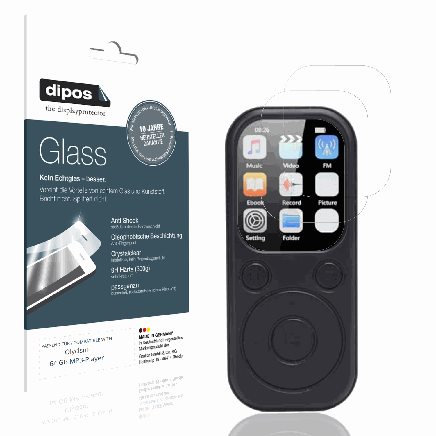 Klare Displayschutzfolie von dipos passend für Olycism 64 GB MP3-Player, 9H kratzfest und blasenfrei montiert