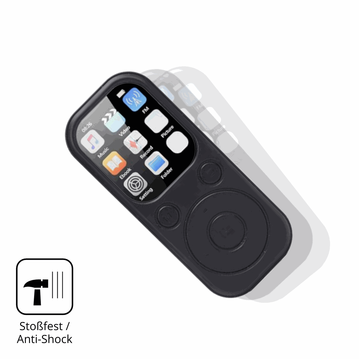 Schutz gegen Kratzer auf dem Olycism 64 GB MP3-Player Glas durch Schlüssel, Stöße gegen die Tischkante oder Stürze