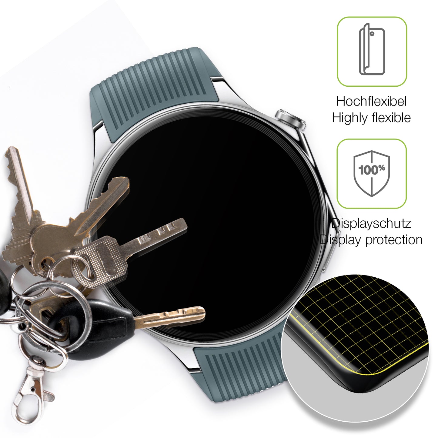 dipos Displayschutz für OnePlus Watch 2, transparente Oberfläche, perfekte Passform auch für die Rundungen