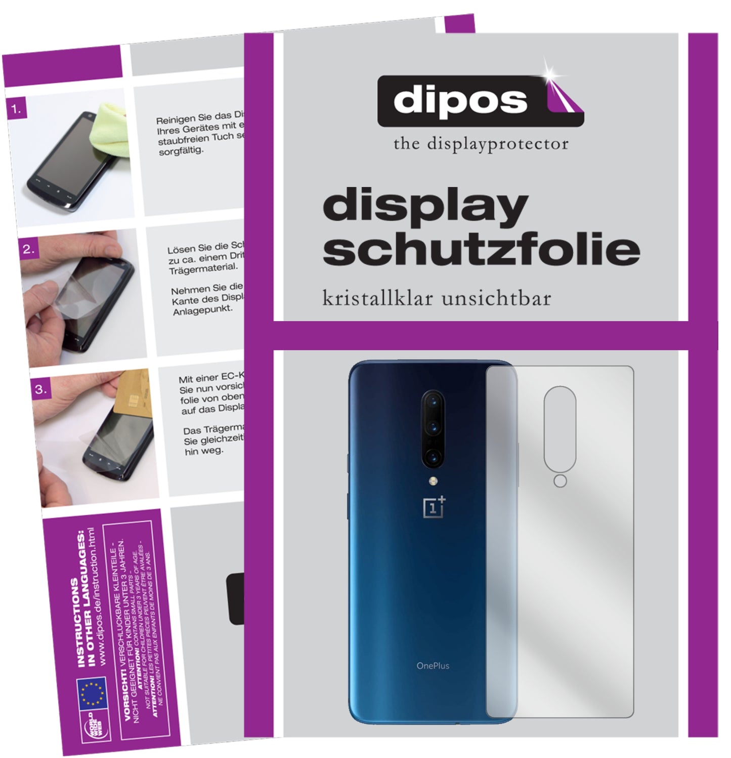 Klare Displayschutzfolie von dipos passend für OnePlus 7T Pro Rückseite, präziser Zuschnitt und blasenfrei montiert