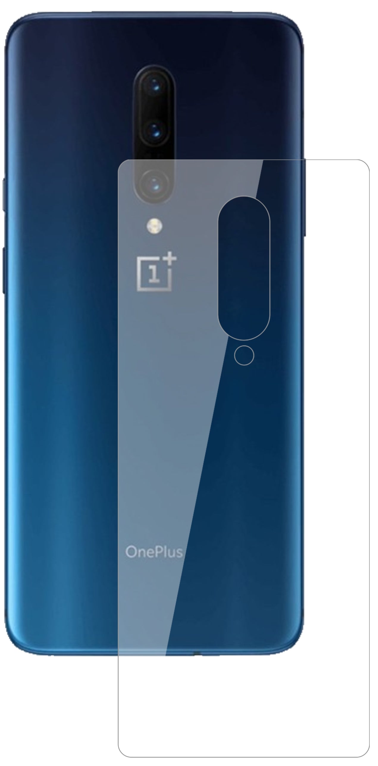 OnePlus7T Pro Rückseite mit aufgebrachter dipos Flex Schutzfolie, glasklare Darstellung ohne Einschränkungen