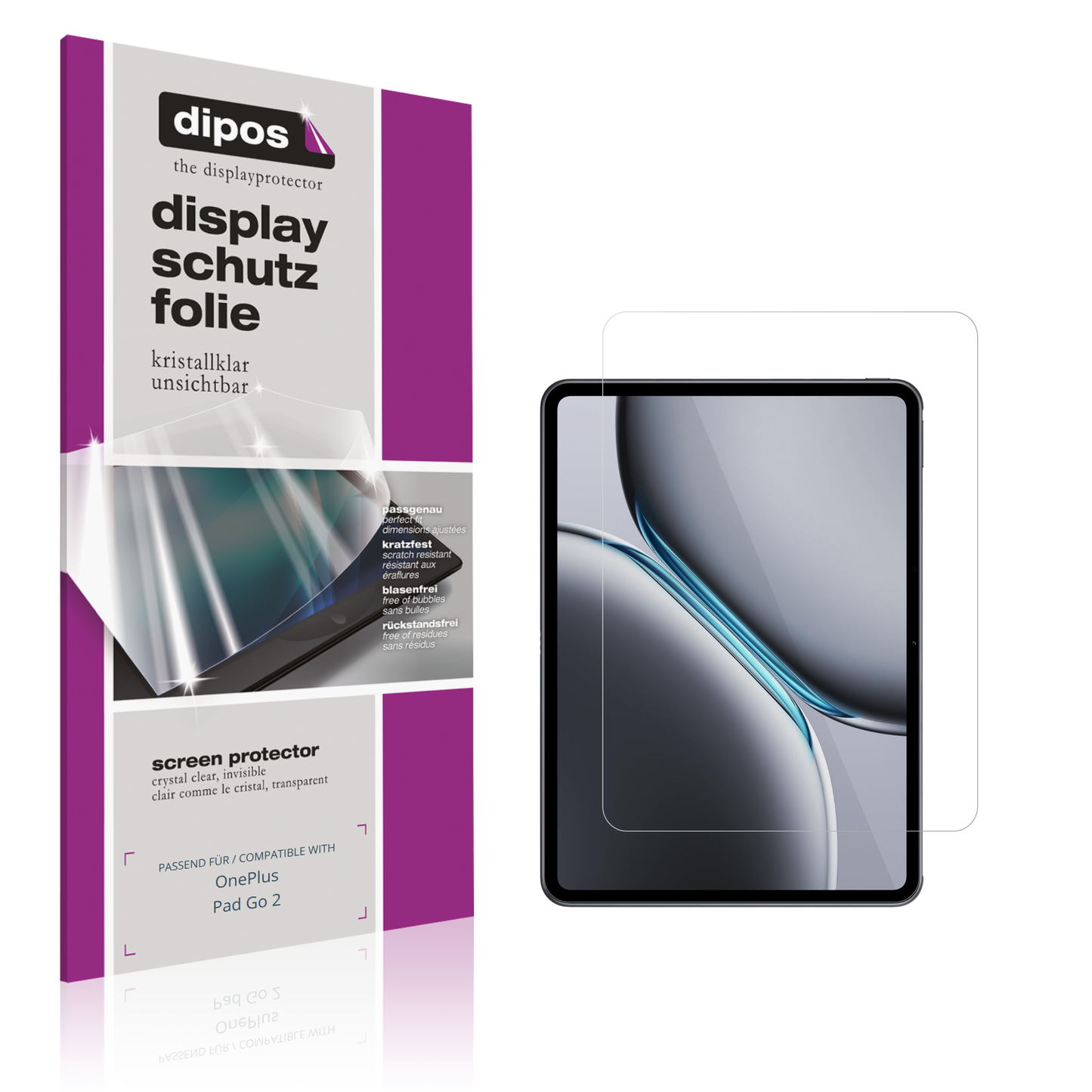 Klare Displayschutzfolie von dipos passend für OnePlus Pad Go 2, präziser Zuschnitt und blasenfrei montiert