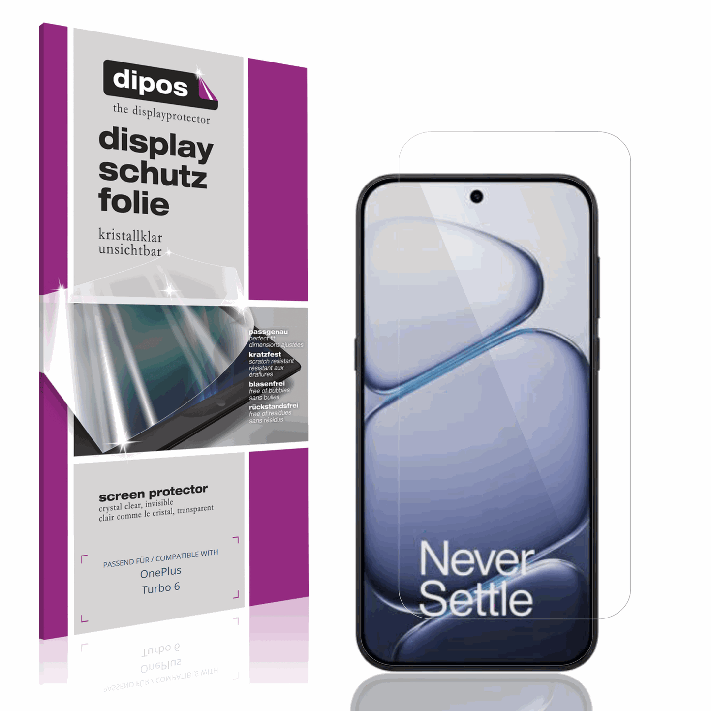 Klare Displayschutzfolie von dipos passend für OnePlus Turbo 6, präziser Zuschnitt und blasenfrei montiert