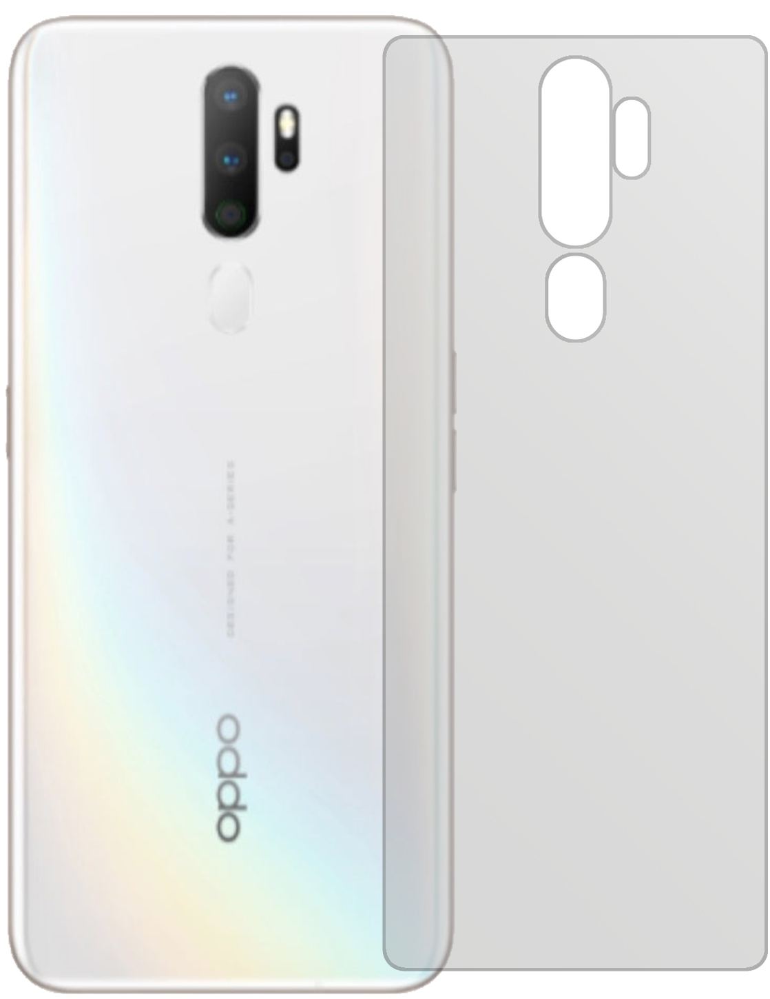 OppoA5 (2020) Rückseite mit aufgebrachter dipos Displayschutzfolie, die lästige Fingerabdrücke minimiert