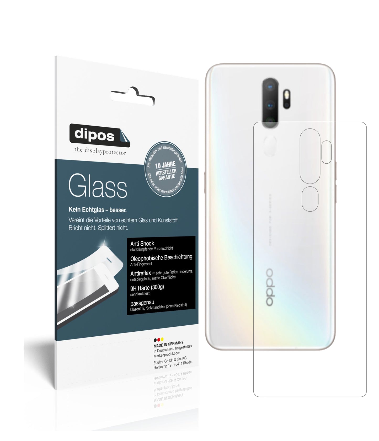 Mattes Panzerglas: Schutz vor Brüchen, Fingerabdrücken und Bildschirmblendung für Oppo-A5 (2020) Rückseite