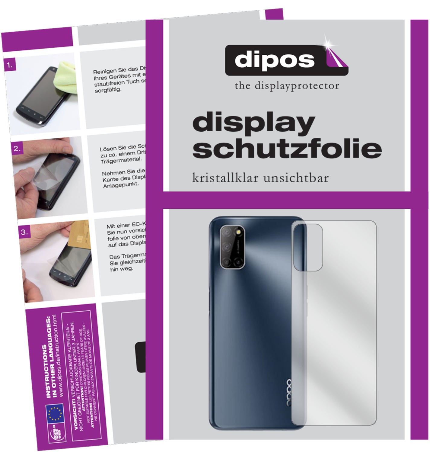 Klare Displayschutzfolie von dipos passend für Oppo A72 Rückseite, präziser Zuschnitt und blasenfrei montiert