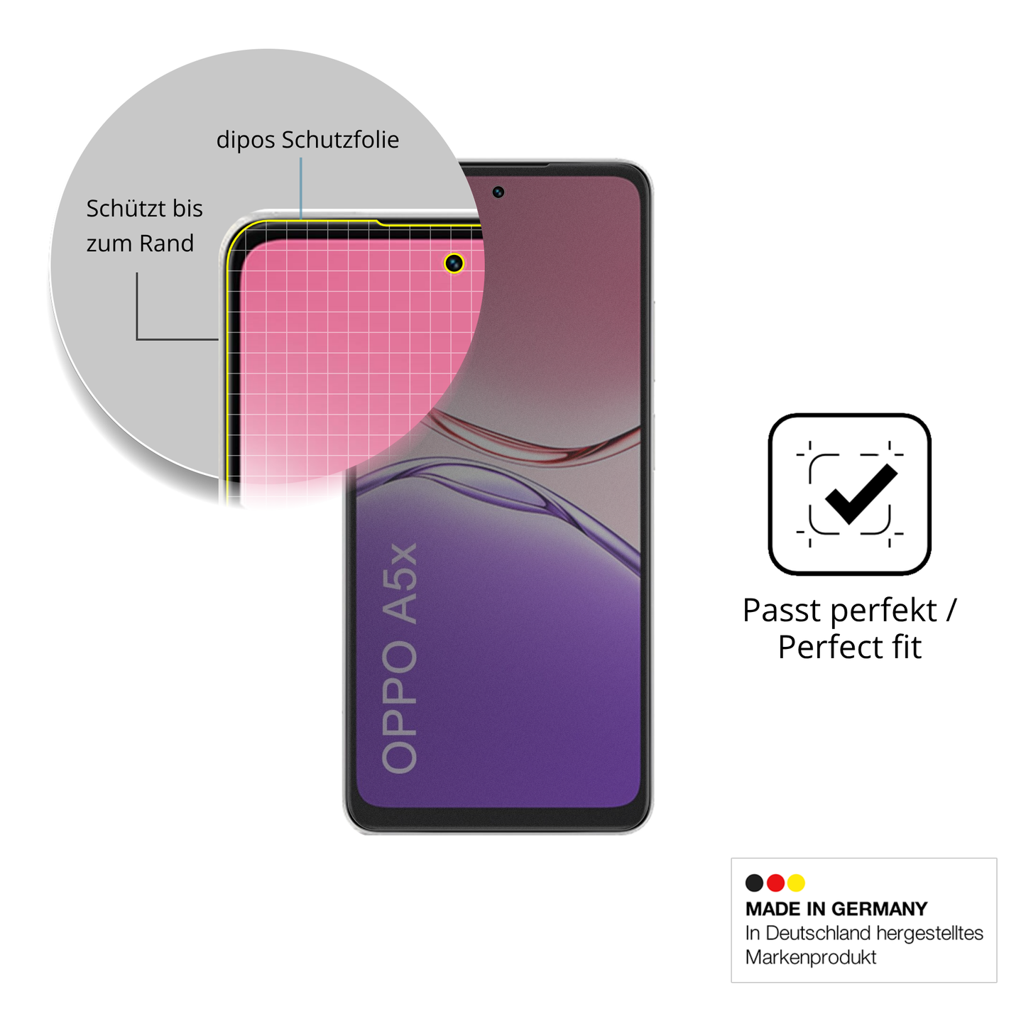 Schutz gegen Kratzer auf dem Oppo A5x Glas durch Schlüssel, Stöße gegen die Tischkante oder Stürze