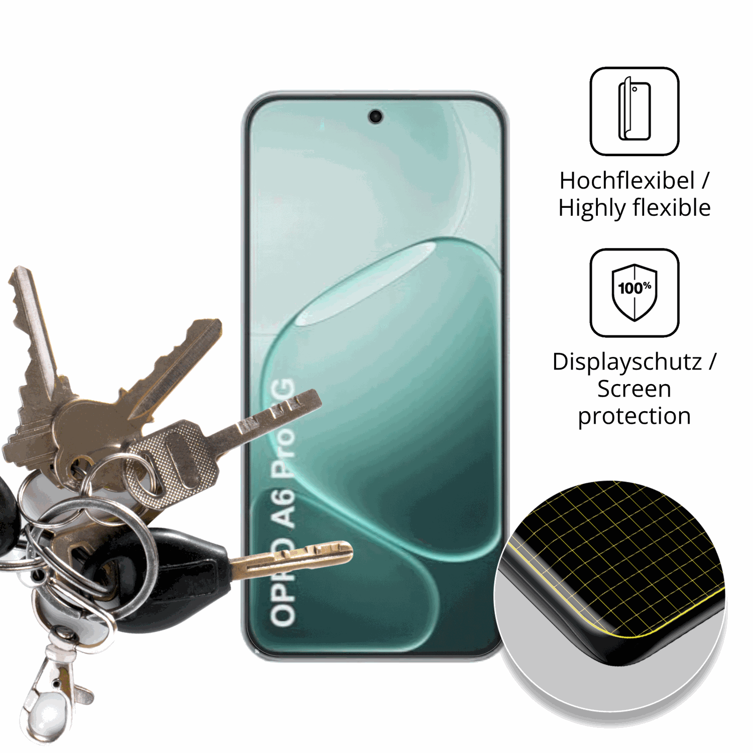 dipos Displayschutz für Oppo A6i Plus 5G, transparente Oberfläche, perfekte Passform auch für die Rundungen