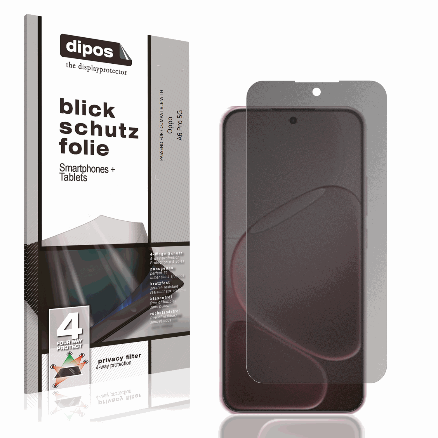 Blickschutzfolie von dipos passend für oppoa6 pro 5g, präziser Zuschnitt und blasenfrei montiert