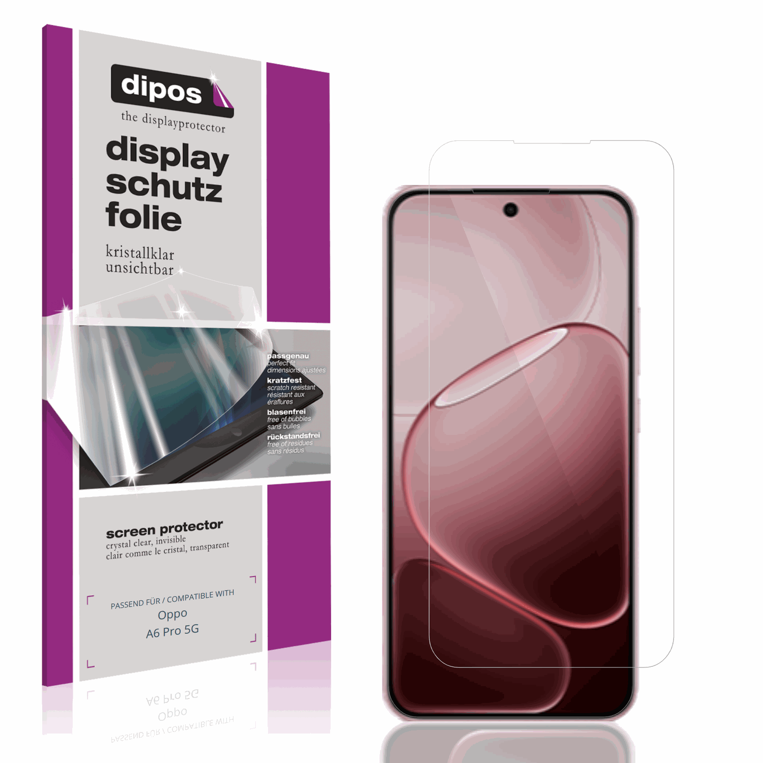 Klare Displayschutzfolie von dipos passend für oppoa6 pro 5g, präziser Zuschnitt und blasenfrei montiert