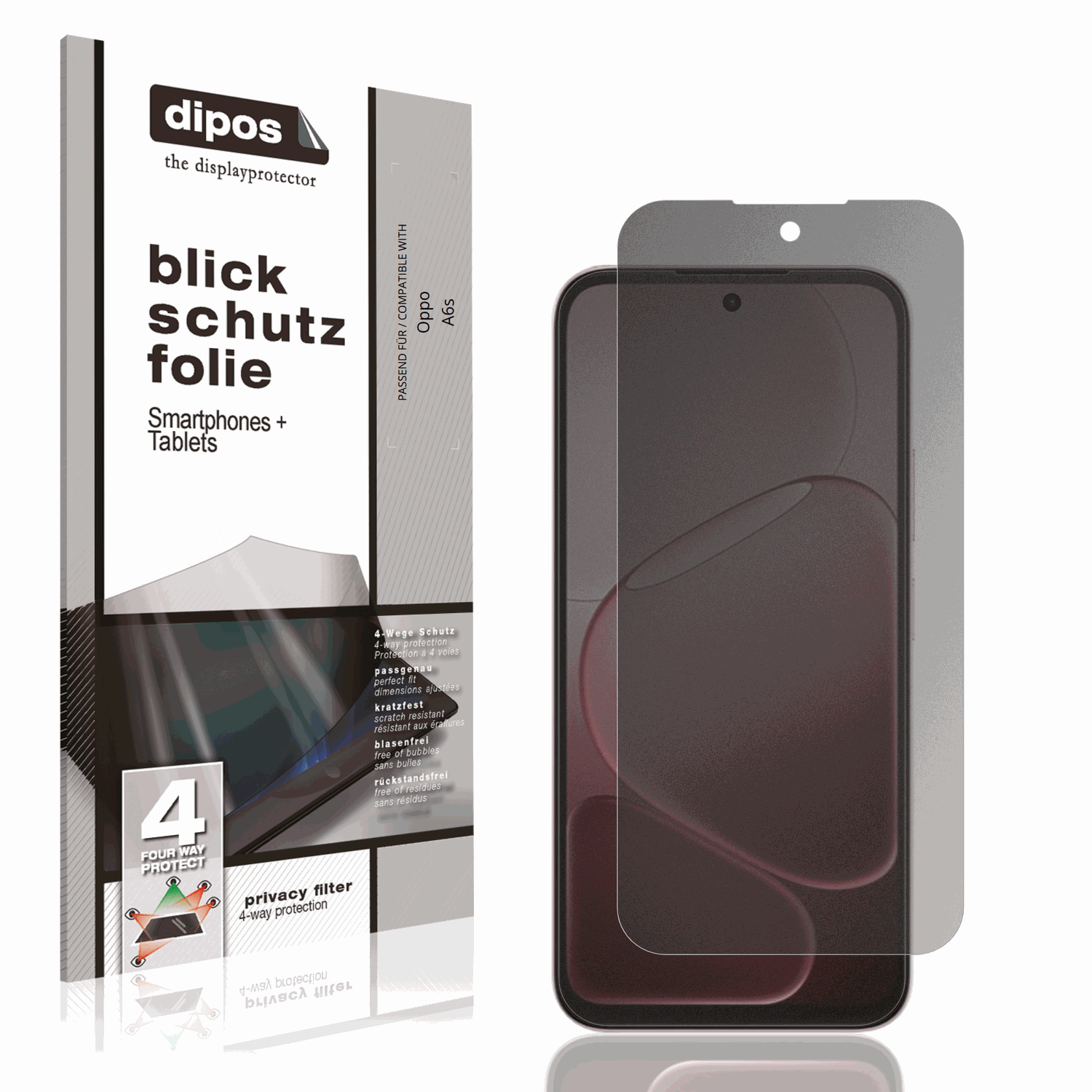 Blickschutzfolie von dipos passend für Oppo A6s, präziser Zuschnitt und blasenfrei montiert