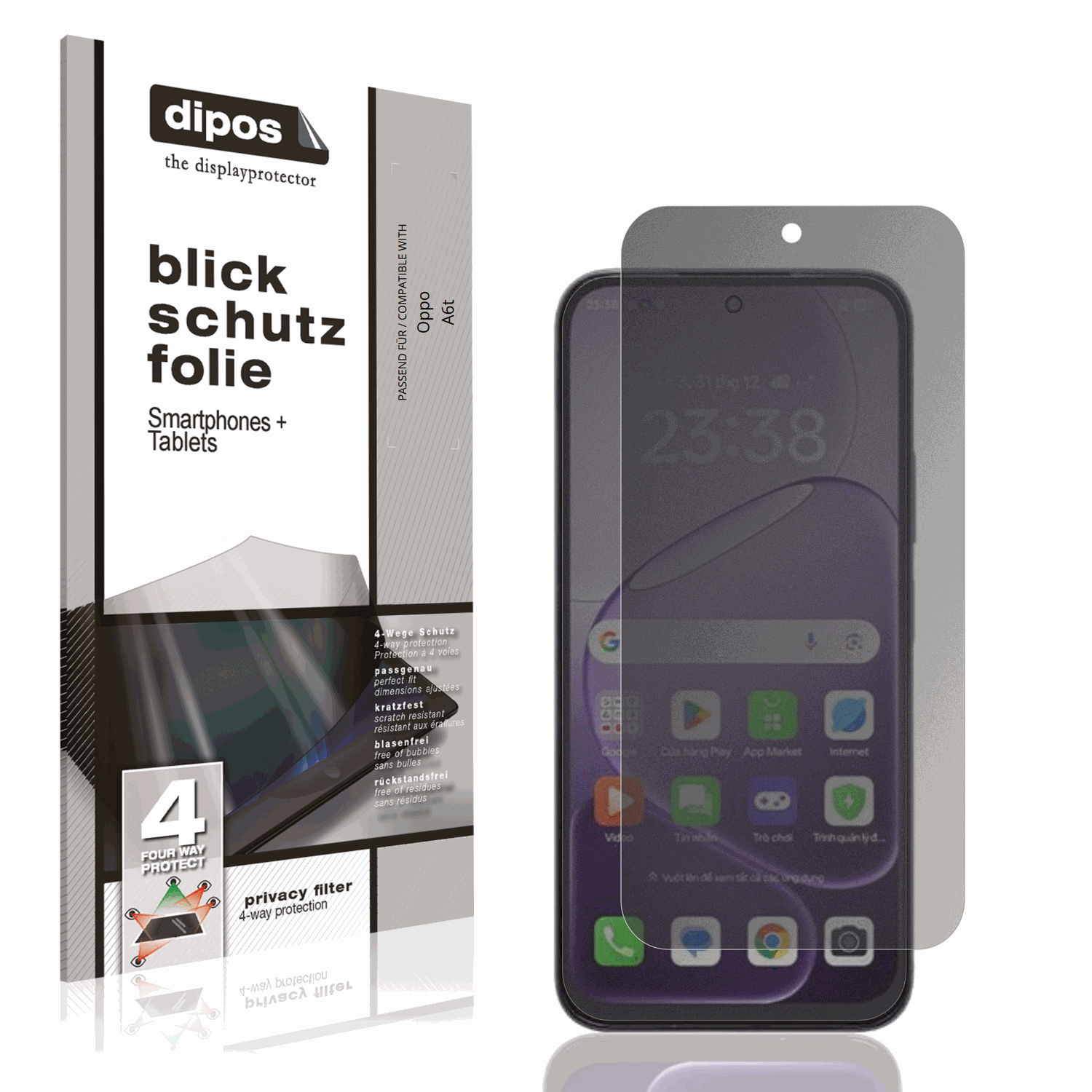 Blickschutzfolie von dipos passend für Oppo A6t, präziser Zuschnitt und blasenfrei montiert