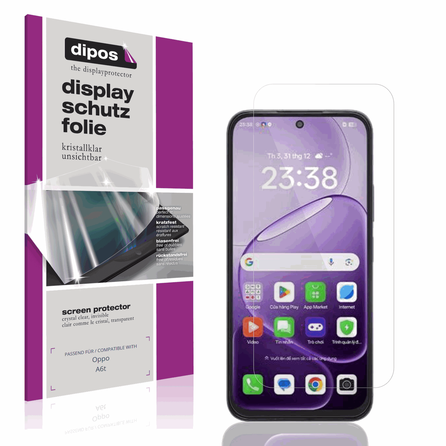 Klare Displayschutzfolie von dipos passend für Oppo A6t, präziser Zuschnitt und blasenfrei montiert