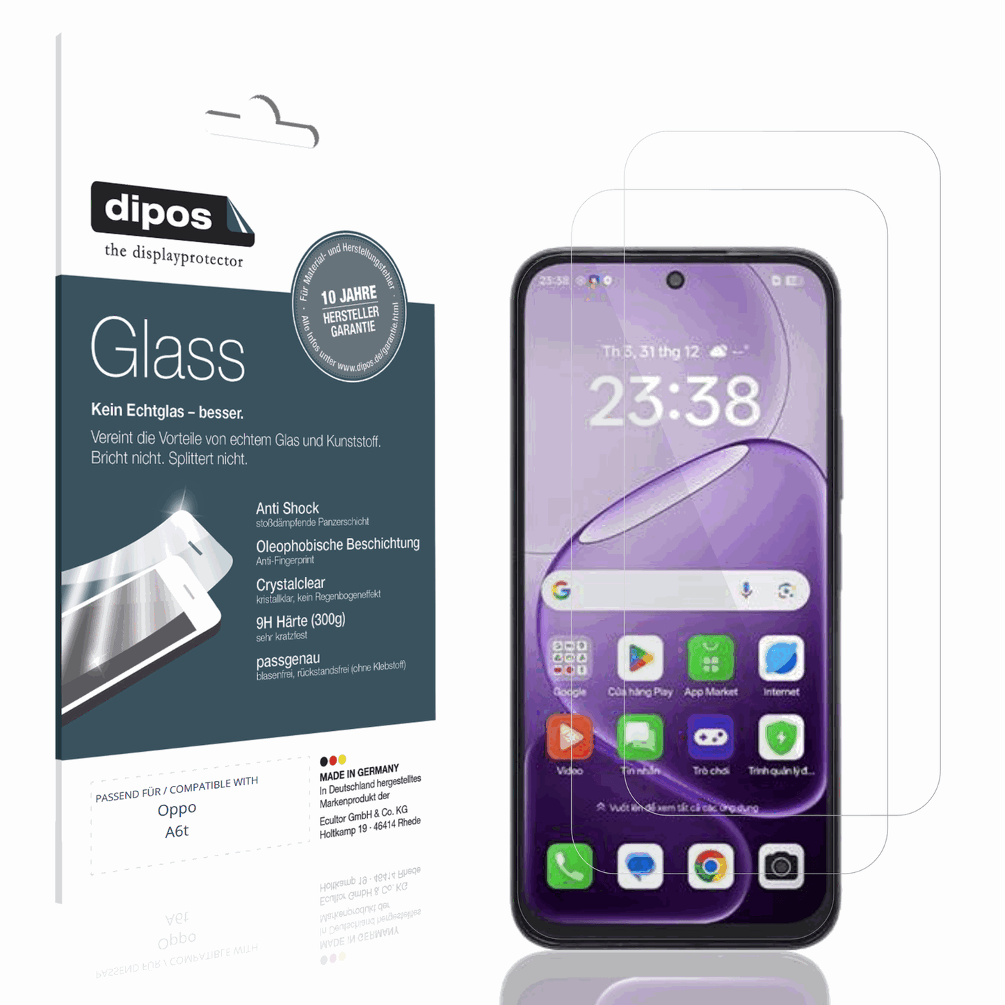 Klare Displayschutzfolie von dipos passend für Oppo A6t, 9H kratzfest und blasenfrei montiert