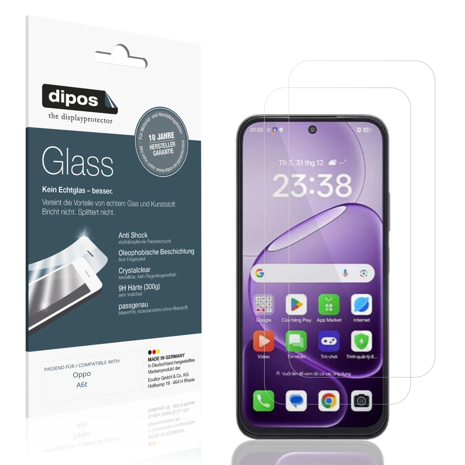 Klare Displayschutzfolie von dipos passend für Oppo A6t, 9H kratzfest und blasenfrei montiert