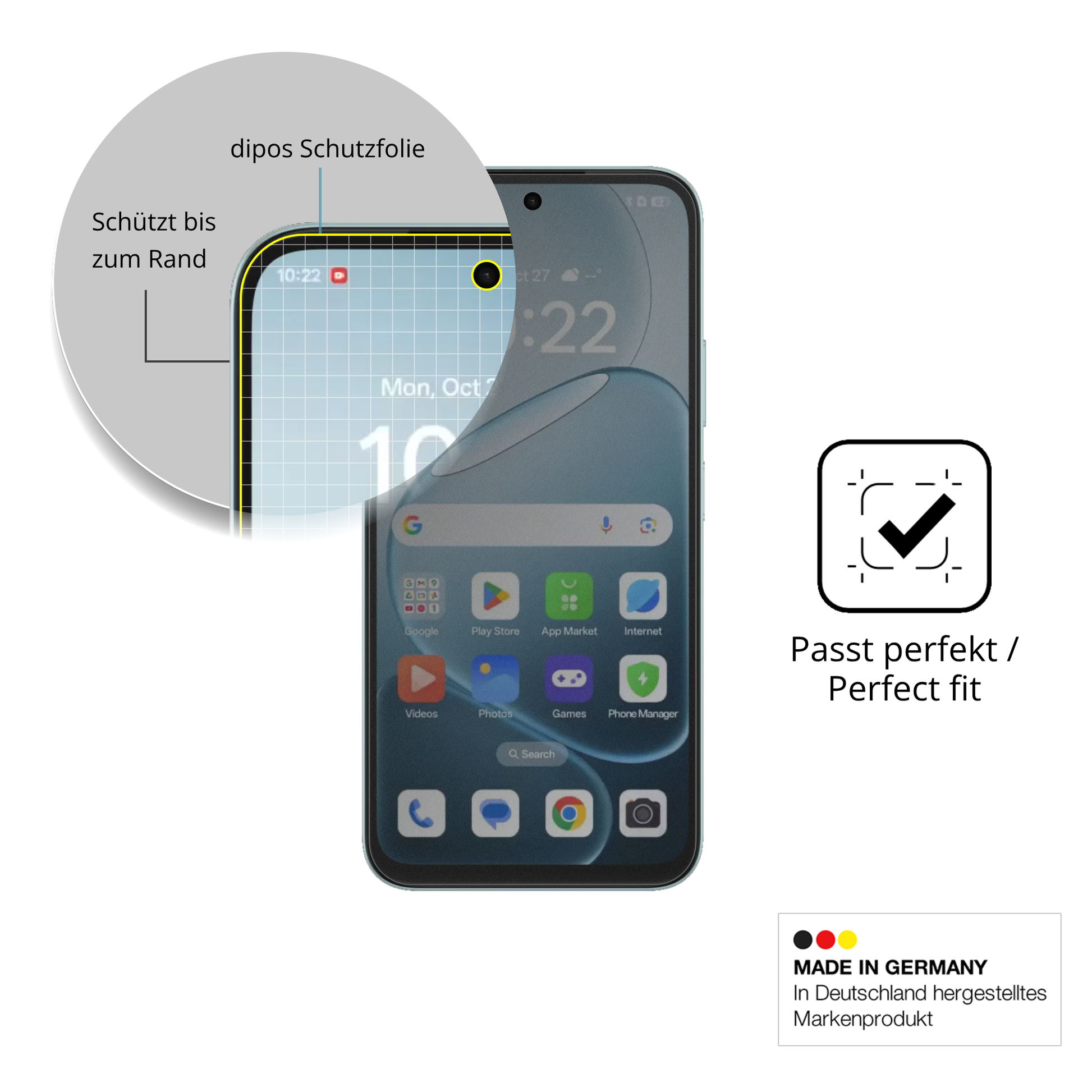 Schutz gegen Kratzer auf dem Oppo A6x Glas durch Schlüssel, Stöße gegen die Tischkante oder Stürze