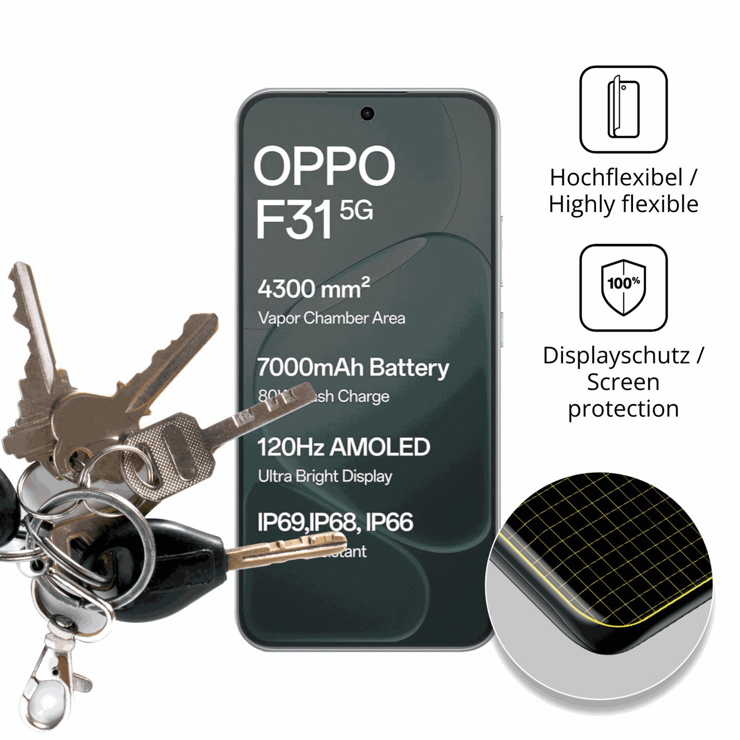dipos Displayschutz für Oppo F31, transparente Oberfläche, perfekte Passform auch für die Rundungen