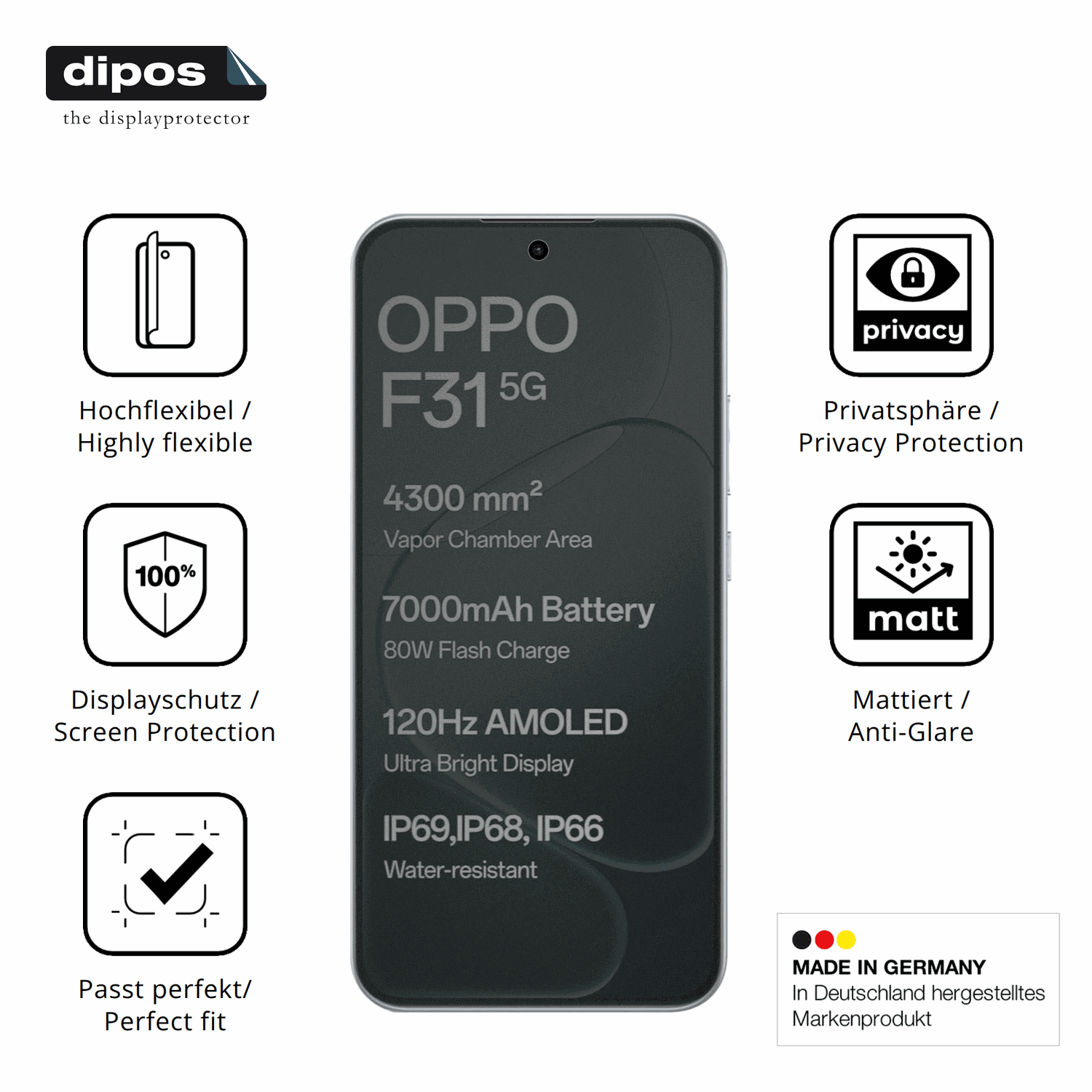 Flexible TPU-Folie passend zugeschnitten für Oppo F31, mit Privatsphäre-Schutz durch Sichtschutz-Folie