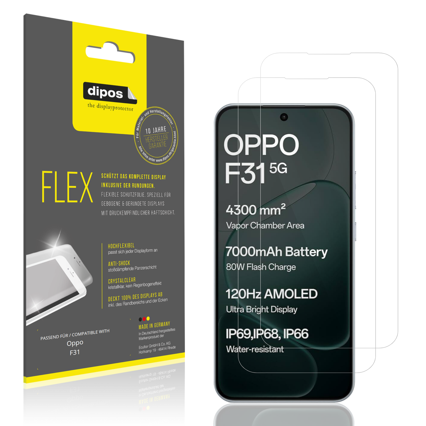 Klare Displayschutzfolie von dipos passend für Oppo F31, 100% Displayabdeckung und blasenfreie Montage