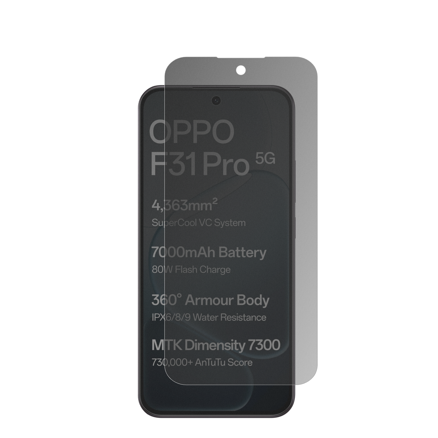 OppoF31 Pro mit aufgebrachter dipos Flex Schutzfolie, die seitliche Einblicke blockiert