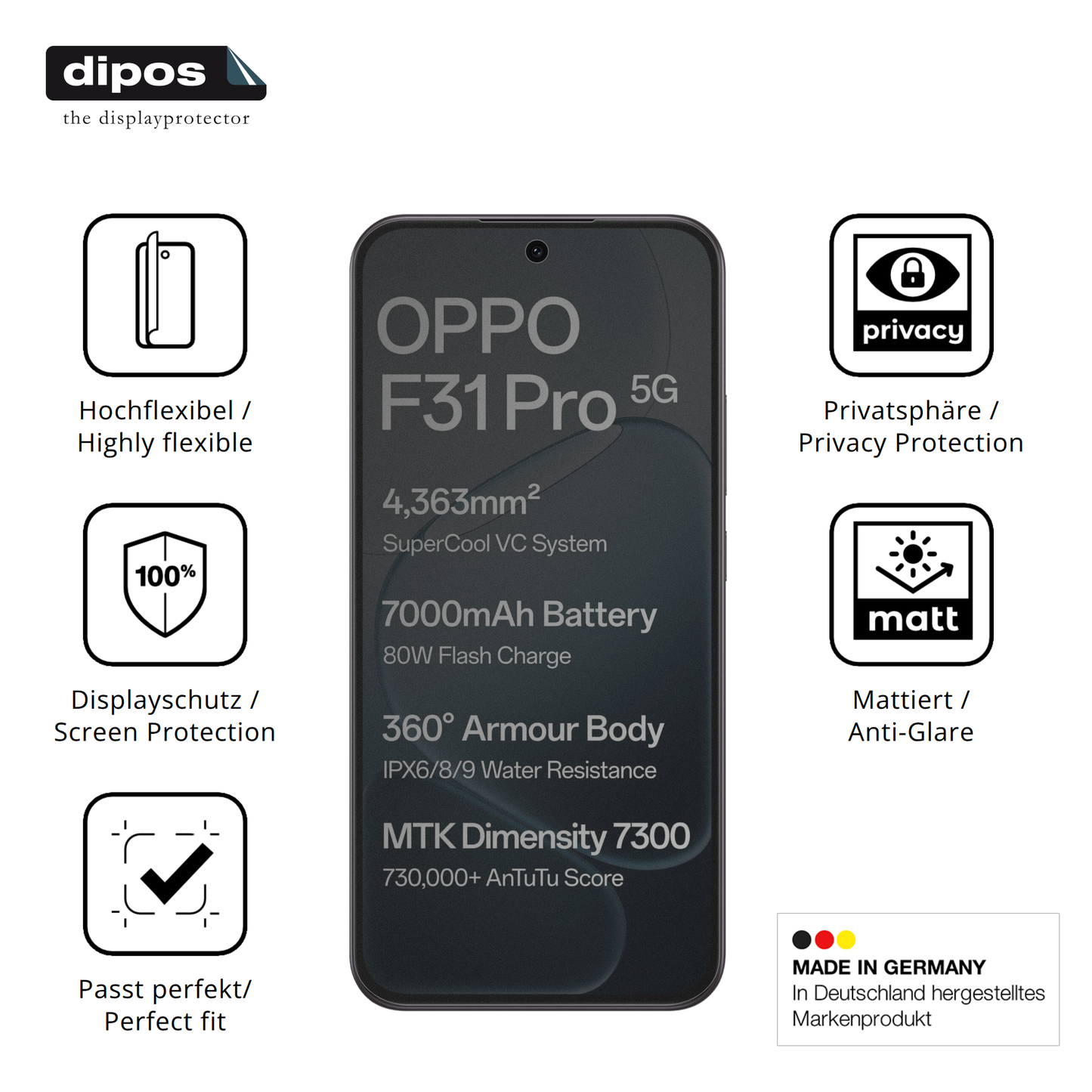 Flexible TPU-Folie passend zugeschnitten für Oppo F31 Pro, mit Privatsphäre-Schutz durch Sichtschutz-Folie