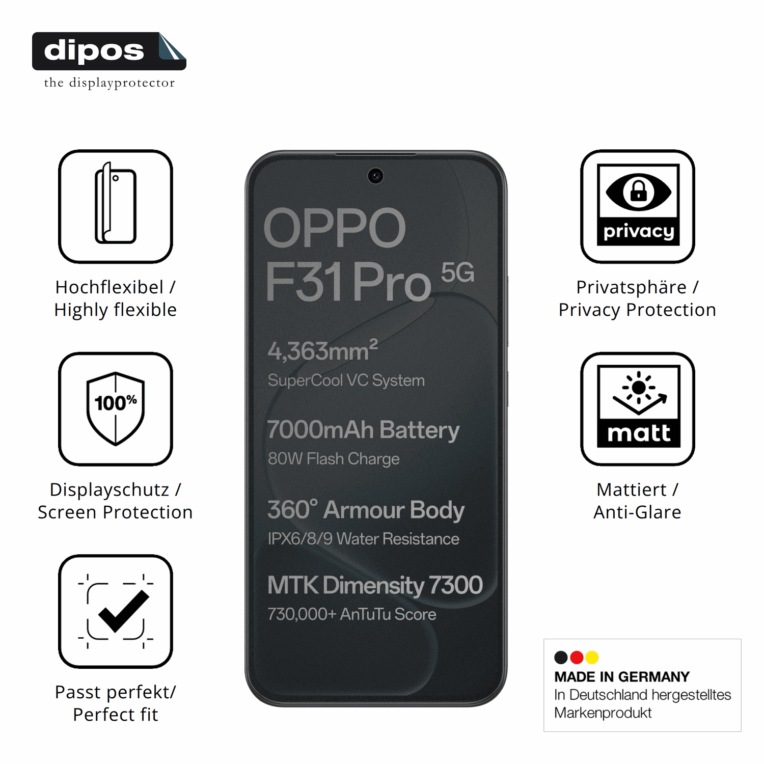 Flexible TPU-Folie passend zugeschnitten für Oppo F31 Pro, mit Privatsphäre-Schutz durch Sichtschutz-Folie