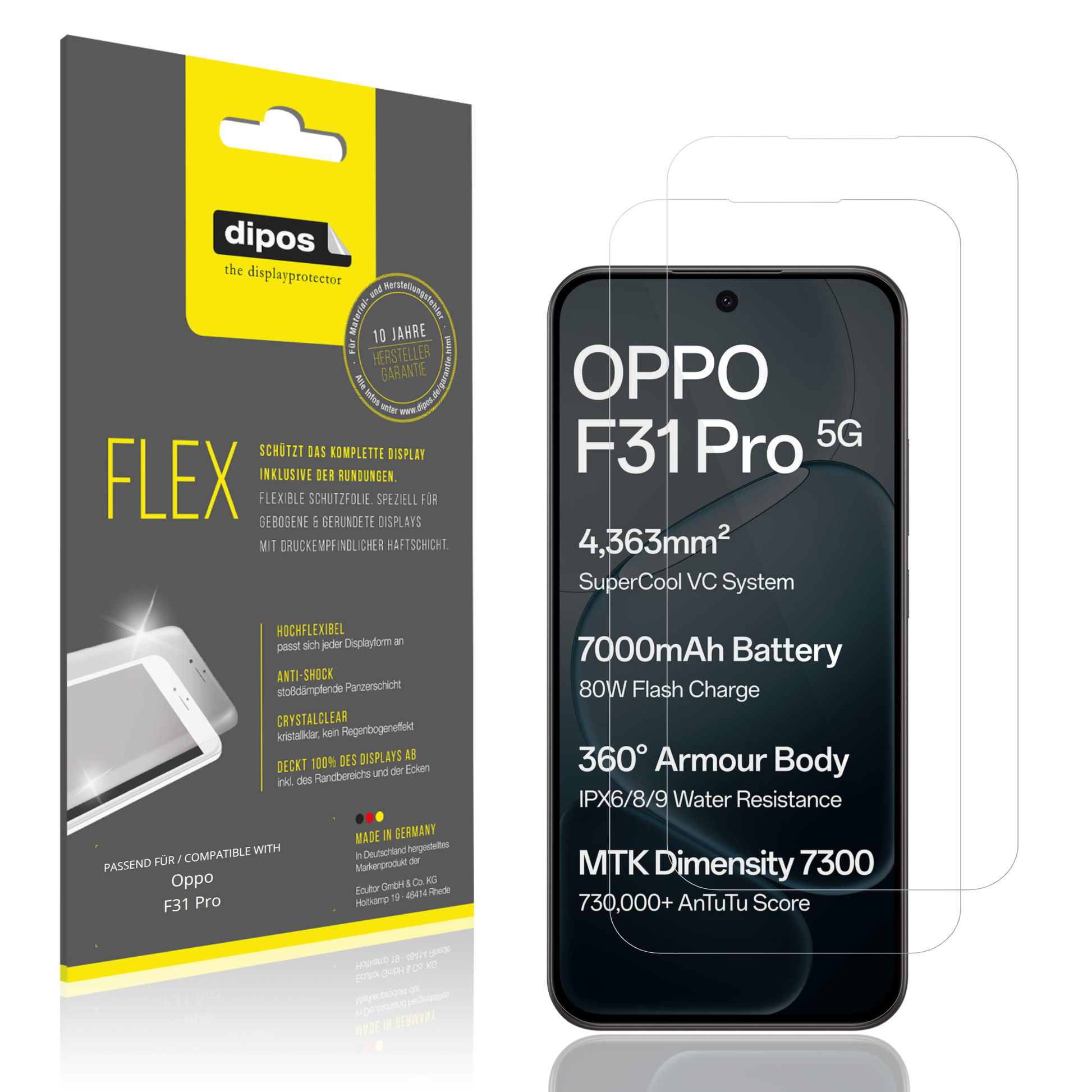 Klare Displayschutzfolie von dipos passend für Oppo F31 Pro, 100% Displayabdeckung und blasenfreie Montage