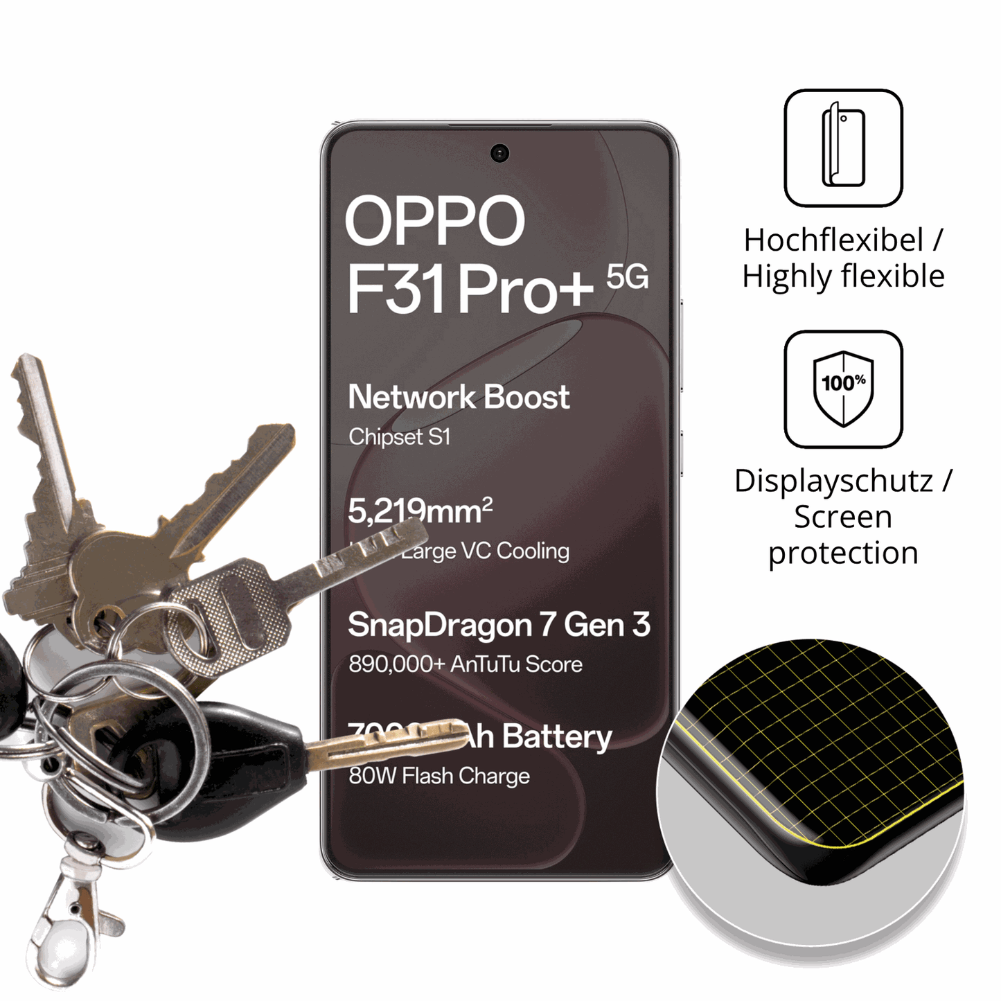 dipos Displayschutz für Oppo F31 Pro Plus, transparente Oberfläche, perfekte Passform auch für die Rundungen