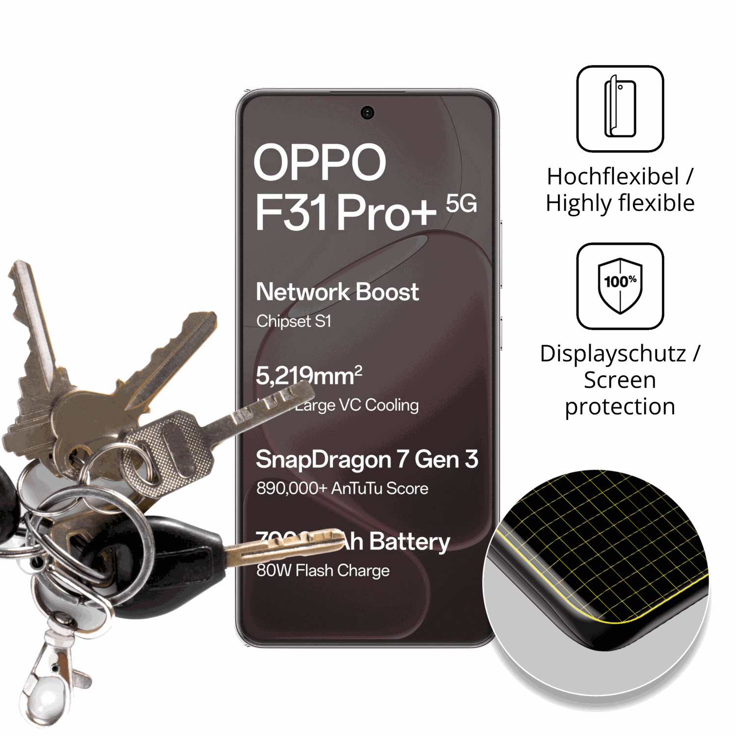 dipos Displayschutz für Oppo F31 Pro Plus, transparente Oberfläche, perfekte Passform auch für die Rundungen