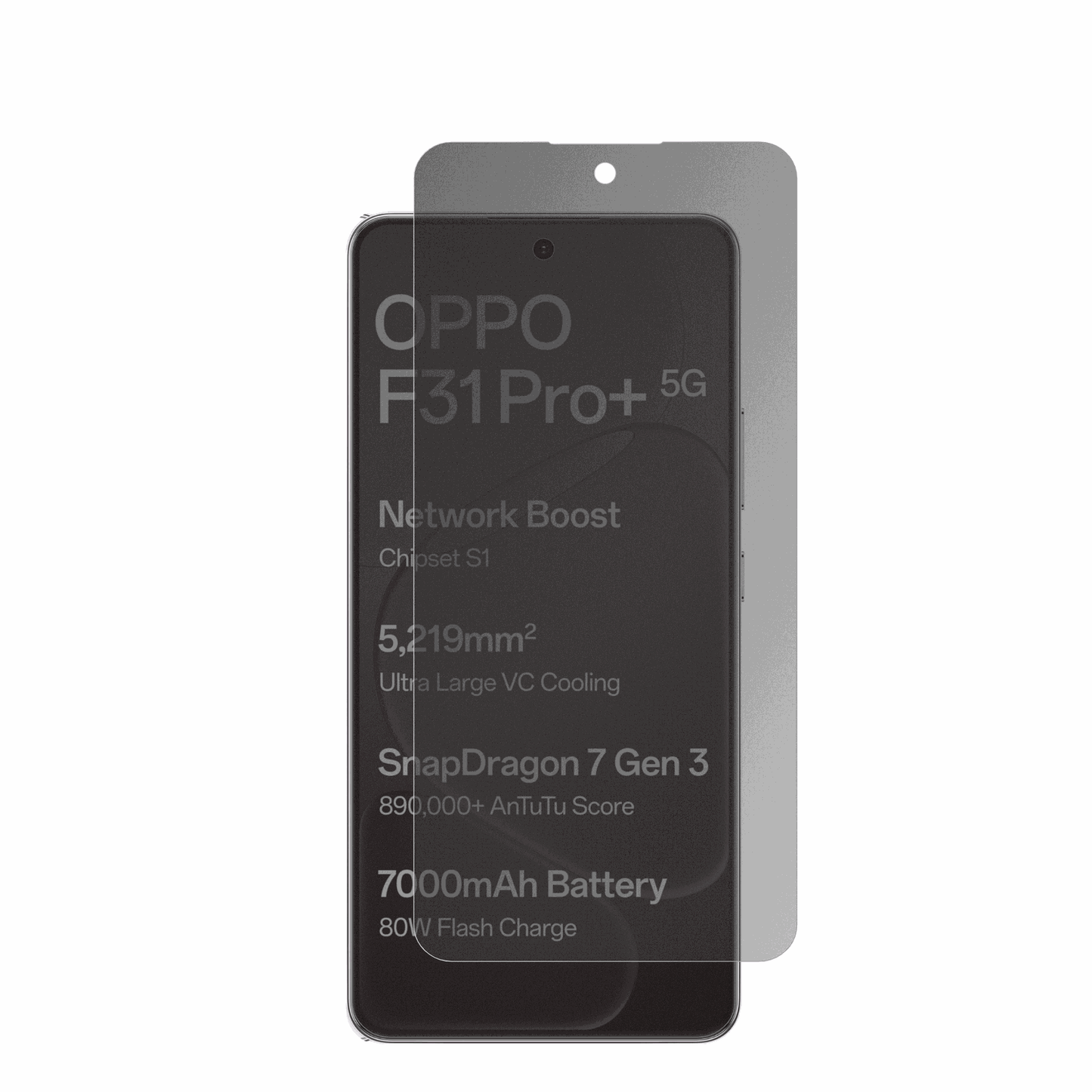 OppoF31 Pro Plus mit aufgebrachter dipos Flex Schutzfolie, die seitliche Einblicke blockiert