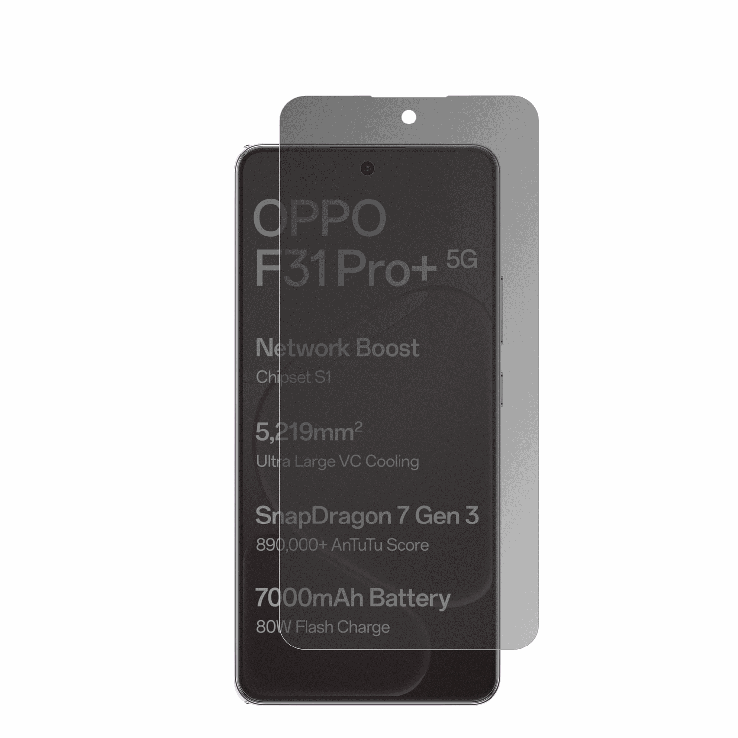 OppoF31 Pro Plus mit aufgebrachter dipos Flex Schutzfolie, die seitliche Einblicke blockiert