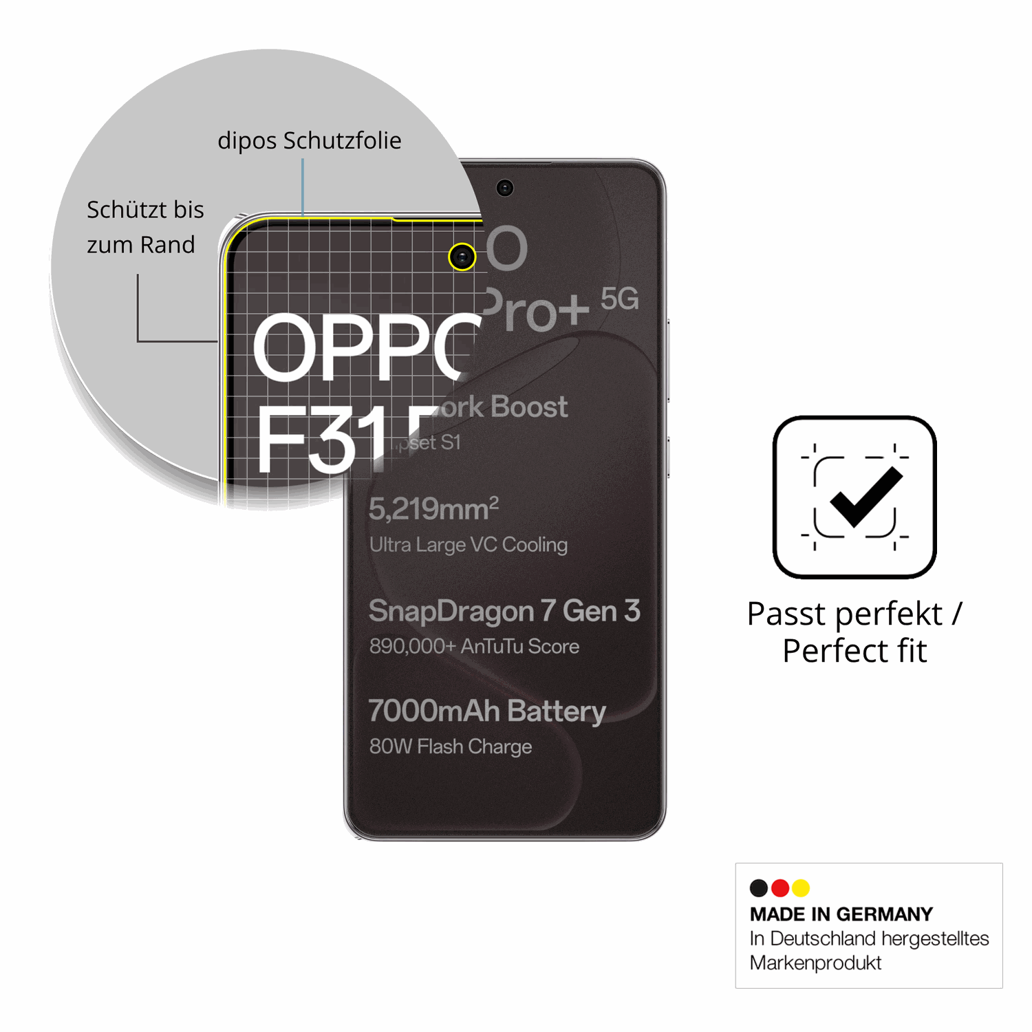 Schutz gegen Kratzer auf dem Oppo F31 Pro Plus Glas durch Schlüssel, Stöße gegen die Tischkante oder Stürze