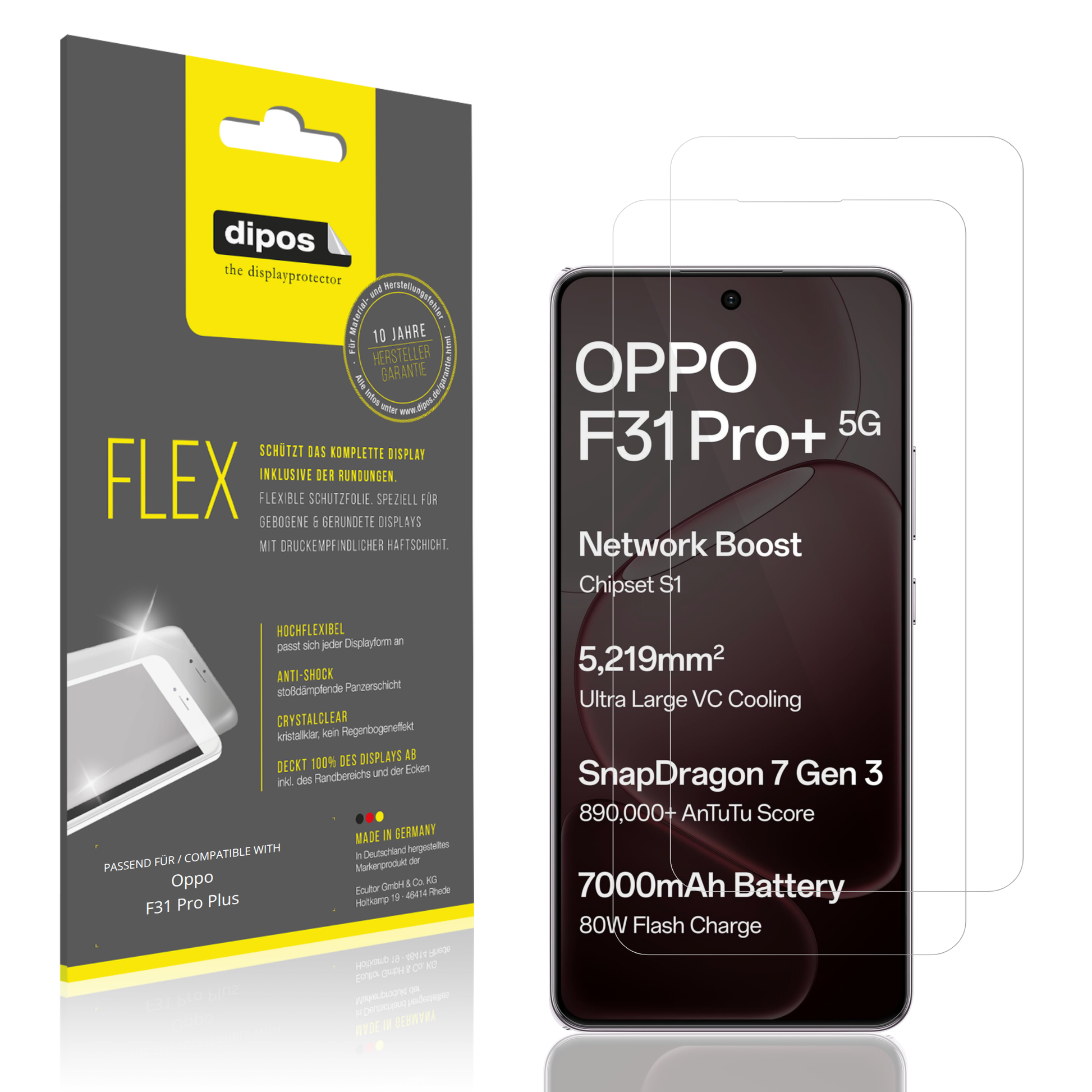 Klare Displayschutzfolie von dipos passend für Oppo F31 Pro Plus, 100% Displayabdeckung und blasenfreie Montage