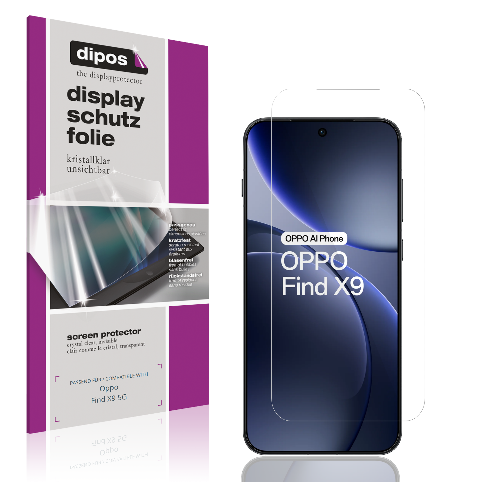 Klare Displayschutzfolie von dipos passend für Oppo Find X9 5G, präziser Zuschnitt und blasenfrei montiert