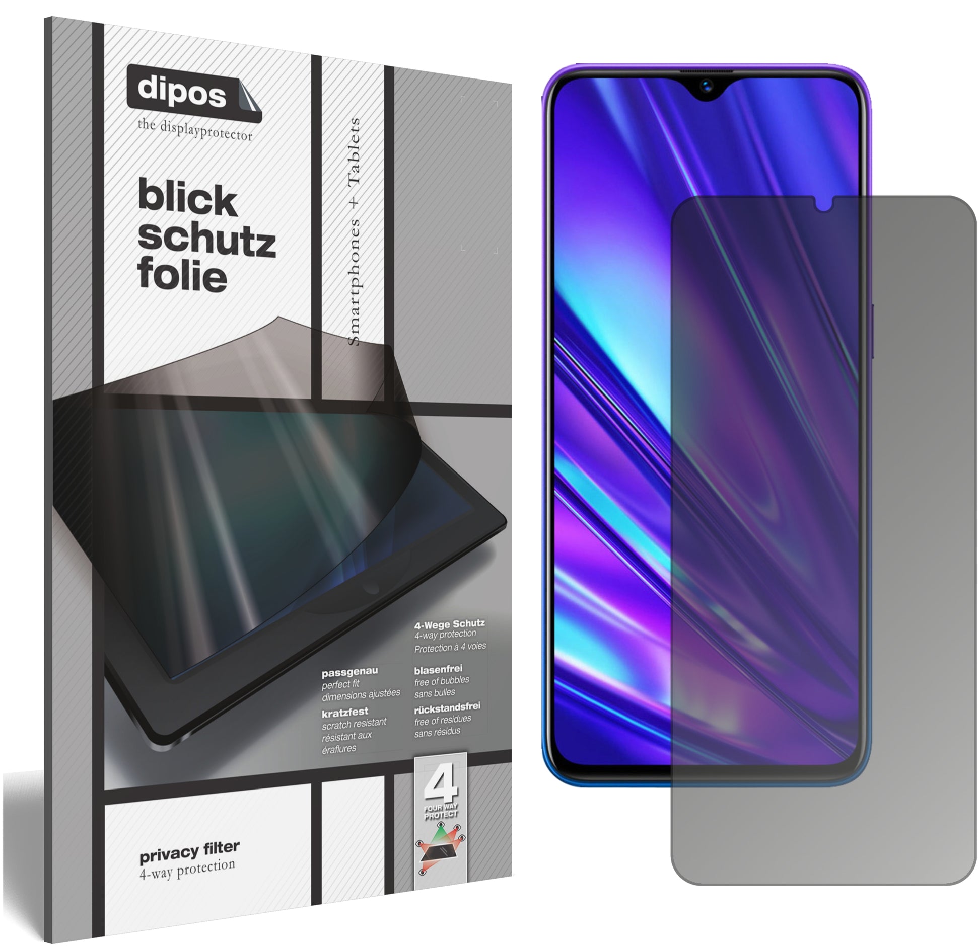 Blickschutzfolie von dipos passend für Oppo Realme 5s, präziser Zuschnitt und blasenfrei montiert